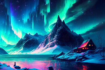 Fototapeta na wymiar Northern Lights Colorful Fantasy Landscape generative ai illustration, aurora borealis in the sky