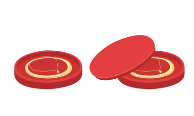 Vietnamese wedding dowry for bride clipart. Dowry marriage golden wedding bracelet, necklace in red box flat vector illustration. Vietnamese, Chinese traditional engagement, wedding ceremony concept