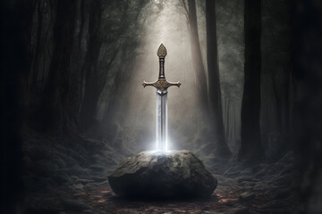 Sword King Arthur Excalibur in a stone in the forest, a ray of light reflected on the sword, fantasy - obrazy, fototapety, plakaty