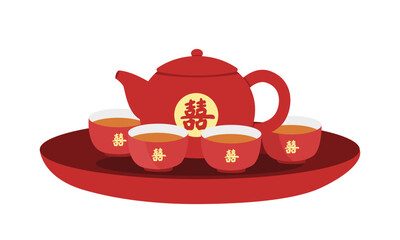 Vietnamese wedding tea set clipart. Wedding red teapot and cups flat vector illustration isolated on white. Vietnamese traditional wedding ceremony concept. Chinese text label means "Double Happiness"
