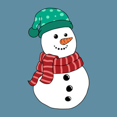 A cute cartoon snowman character in a red striped scarf and green polka dot nightcap standing in winter christmas isolated on blue background - Vector illustration