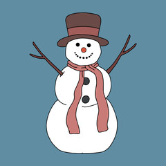 Cute smiling snowman christmas character wearing cylinder hat,  scarf and mittens isolated on blue background - Vector illustration