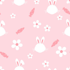 Seamless pattern with bunny rabbit cartoons, carrots,  and little flower on pastel pink background vector illustration. Cute childish print.