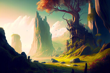 Fototapeta premium Fantasy big tree with mountain in the background, generative ai
