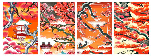 Set of four vector illustrations of traditional Japanese landscape, architecture and cherry blossom tree.
