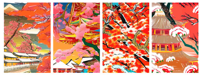 Fototapeta na wymiar Set of four vector illustrations of traditional Japanese landscape, architecture and cherry blossom tree.