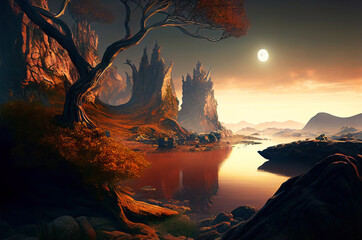 Fantasy Mountains landscape , small lake, moon on the sky, generative ai