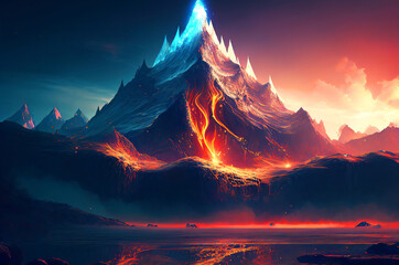 Fantasy Mountains with small lava river, glowing peak, generative ai