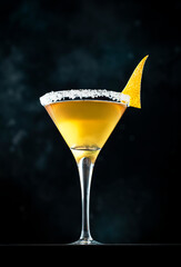 Sidecar alcoholic cocktail with cognac, liqueur, lemon juice and ice. Black background