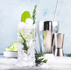 Gin tonic with cucumber cocktail, long drink with dry gin, rosemary, tonic and ice. Blue...