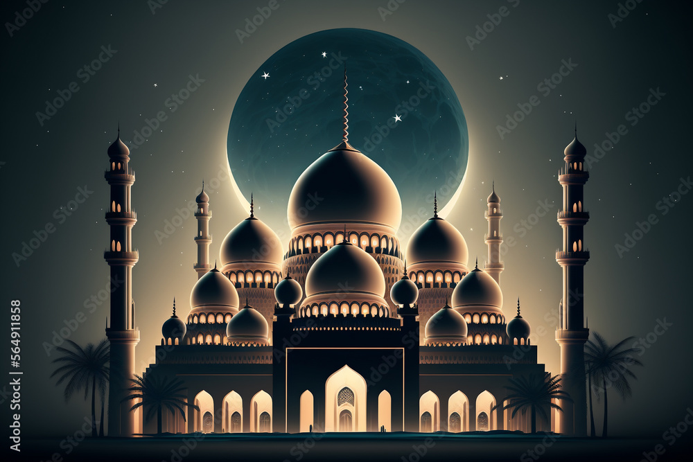 Wall mural A mosque illustration with Islamic geometric patterns, created by Generative AI.
