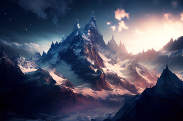 Fototapeta na wymiar Mountains landscape with sunset, generative ai