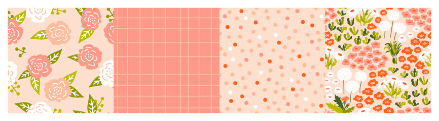 Set of patterns. Abstract flowers, chamomiles, herbs. Grid, dots pattern. Vector backgrounds. Perfect for printing on the fabric, design package and cover