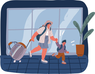 Cartoon vector illustration of Family travel. Mother, son and daughter at the airport.