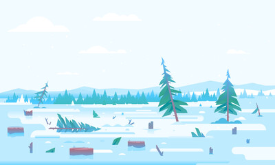 Winter deforestation with many stumps and small spruce trees after Christmas, nature disaster concept illustration in flat style, cutting down trees, environmental pollution and ecological problems