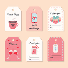 Set of Valentine Gift Tags.  Romantic labels with love quotes. Valentine's, marriage, wedding, birthday, love, romantic concept.