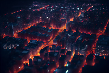 illustration of top view from plane window at the night city . AI