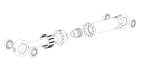 Hydraulic cylinder high pressure exploded view black and white 3D rendering on white background