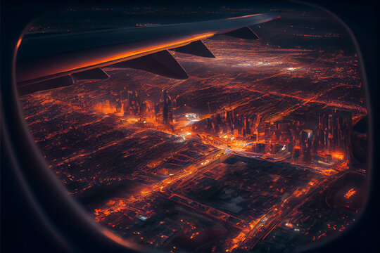 Illustration Of Top View From Plane Window At The Night City . AI