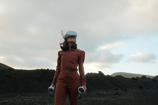Woman exploring in VR metaverse