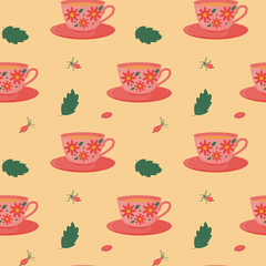 Seamless pattern with cup and saucer and fruit tea, hawthorn and mint leaves. Vector image.