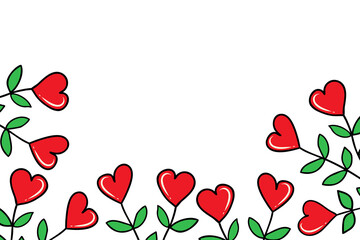 Vector background with leaves, heart-shaped flowers and a place for your text. Rectangular pattern for decoration for Valentine's Day. Doodle-style frame with plants for banners, postcards, invitation