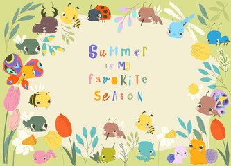 Cartoon Frame with Cute Baby Insects, Flowers and Plants