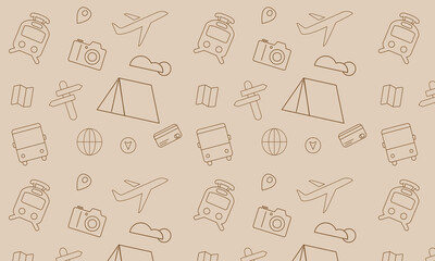 Travel and summer seamless pattern, journey and trip background. Adventure time pattern in hand draw style, vector sketch elements on repeatable pattern
