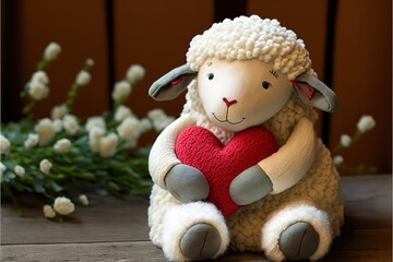 Cute stuffed animals for valentine's day. Adorable sheep stuffed animal hugs red heart. Generative AI