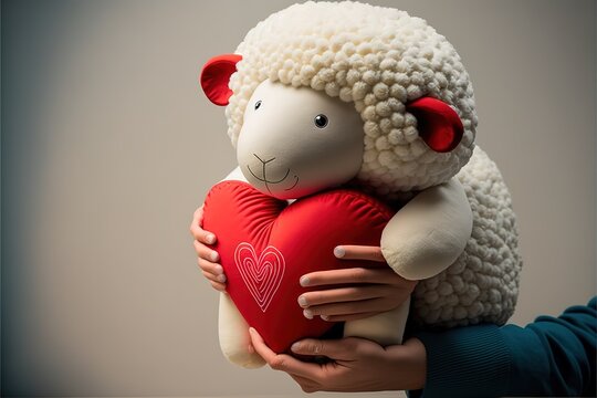 Cute Stuffed Animals For Valentine's Day. Adorable Sheep Stuffed Animal Hugs Red Heart