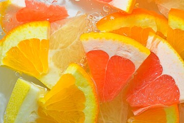 Pieces of grapefruit, orange fruit and honey pomelo in liquid with bubbles. Slices of  grapefruit,...
