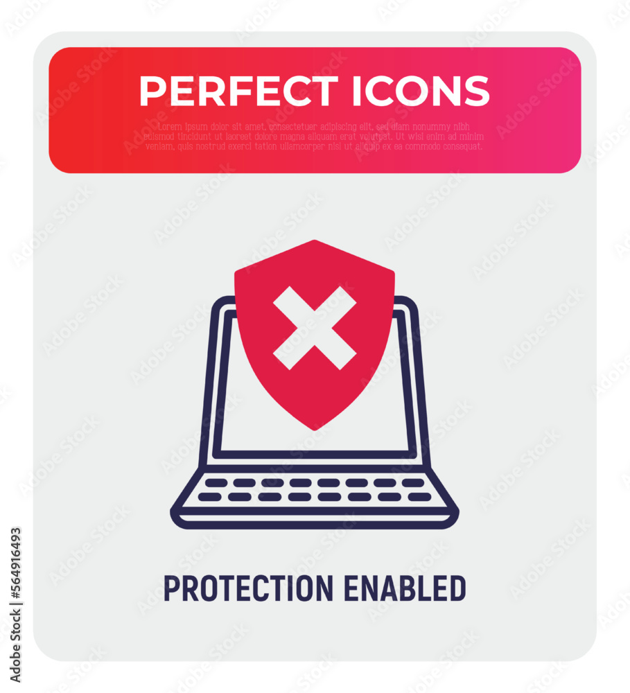 Poster protection enabled thin line icon. opened laptop is protected by shield with cross mark. vector illu