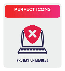 Protection enabled thin line icon. Opened laptop is protected by shield with cross mark. Vector illustration.