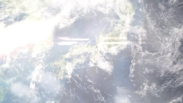 Earth zoom in from outer space to city. Zooming on Ikeda, Osaka, Japan. The animation continues by zoom out through clouds and atmosphere into space. Images from NASA