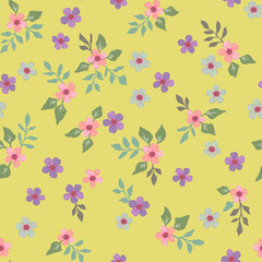 Vector floral seamless pattern with small vintage-style flowers on a light green background. For fabrics, textiles and design.