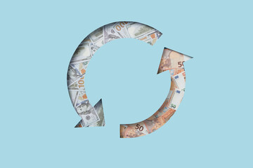 Circular arrows of dollar and euro banknotes.