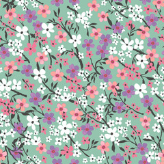 A pattern of white, pink, purple flowers on a light green background. Cute floral aesthetic composition for wallpaper, print, poster, postcard, phone cases, banner, fabric, textiles.