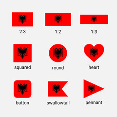 Vector collection of Albanian flags in different shapes and ratio. Albania flag high quality set