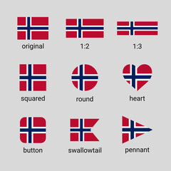 Vector collection of Norwegian flags in different shapes and ratio. Norway flag high quality set