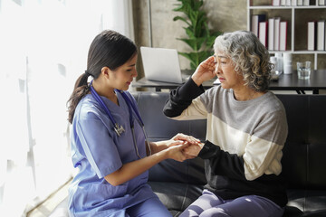  consulting female patient about pills and discussing health treatment sitting in the office at the desk. Medicine and health care concept. Doctor prescribing medicine to patient in the office.