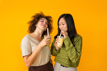Diverse women drinking bubble tea