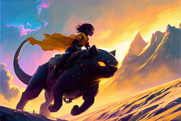 A child riding the back of a panther running wild in the mountains against a golden sunset, fantasy, anime - generative ai