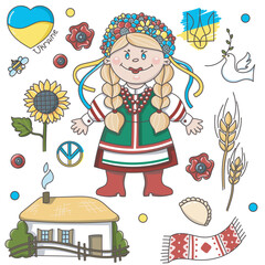 Ukrainian set. Set of illustrations. Girl in Ukrainian costume. Cute illustration. Peace, support, Ukraine, hut, sunflower, sun, poppy, dove, heart, flag of Ukraine.