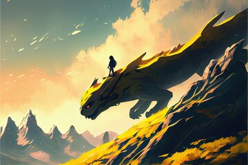 A child riding the back of a panther running wild in the mountains against a golden sunset, fantasy, anime - generative ai