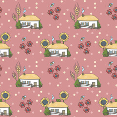Pink seamless pattern. Seamless fabric for pajamas, clothes. Background with house, hut, sunflower, wheat, poppies.