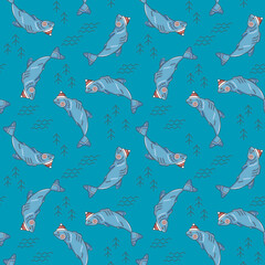 Seamless pattern, sea, fish, salmon, blue. Beautiful pattern for fabric, wallpaper. Pajamas.
