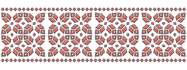 Ethnic pattern, seamless pattern. Red tiles in the bathroom. Pattern for decor. Norwegian snowflakes, sweater. Pattern of squares, rectangles, triangles, with a stroke.