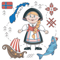 Norwegian set, norway. Girl in national dress. Salmon and hat. Scandinavian patterns, drakar, vikings, north.
