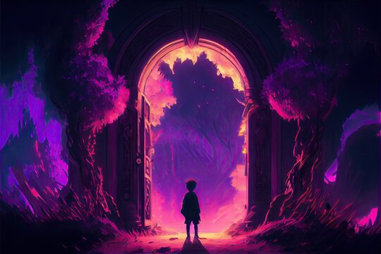 A Young boy standing in front of the glowing purple entrance of a spacetime gateway to another dimension, fantasy, anime - generative ai