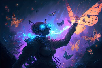 Obraz na płótnie Canvas Apocalypse concept of the woman with a gas mask creating fairy light butterflies with magic, anime, fantasy - generative ai